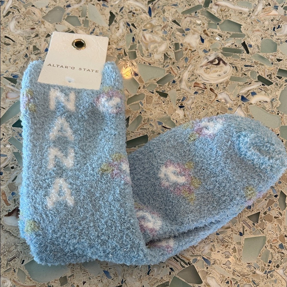 NWT Altar'd State Light Blue 'NANA' Fuzzy Floral Socks